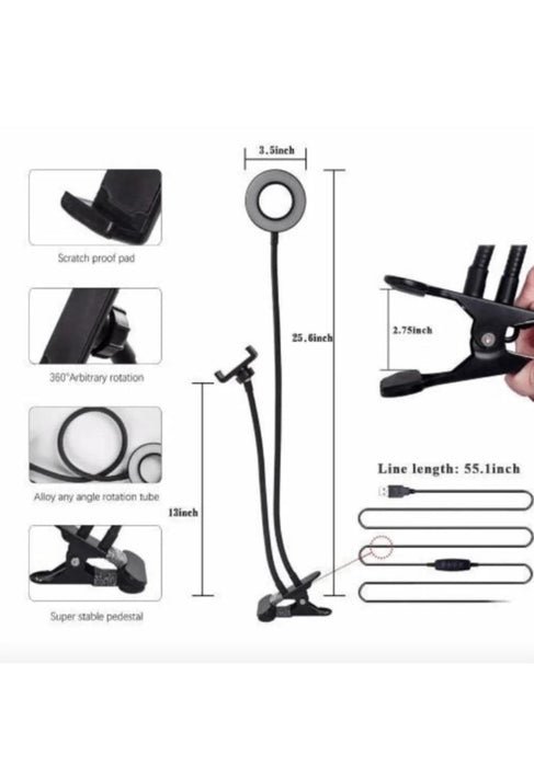 2 in 1 Led Selfie Ring Light with Phone Holder Desk Lamp Lazy Bracket Tabletop Stand Flexible